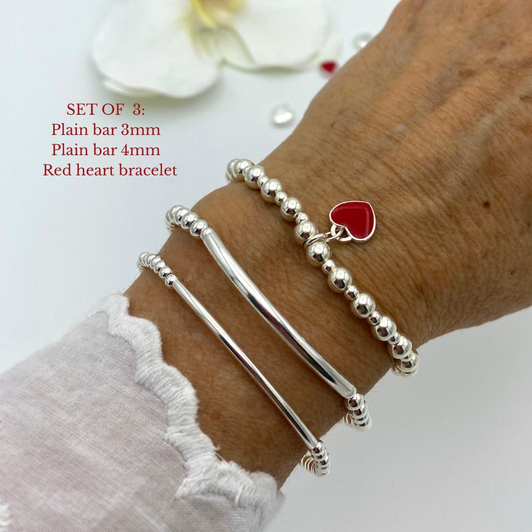 sterling silver red heart charm personalized bracelet stretchy jewelry set gift for women