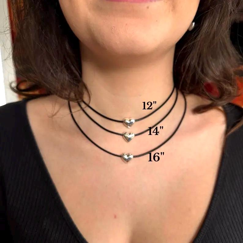 Leather Choker and Silver Earrings Set with Heart Charm Personalized Gift for Her