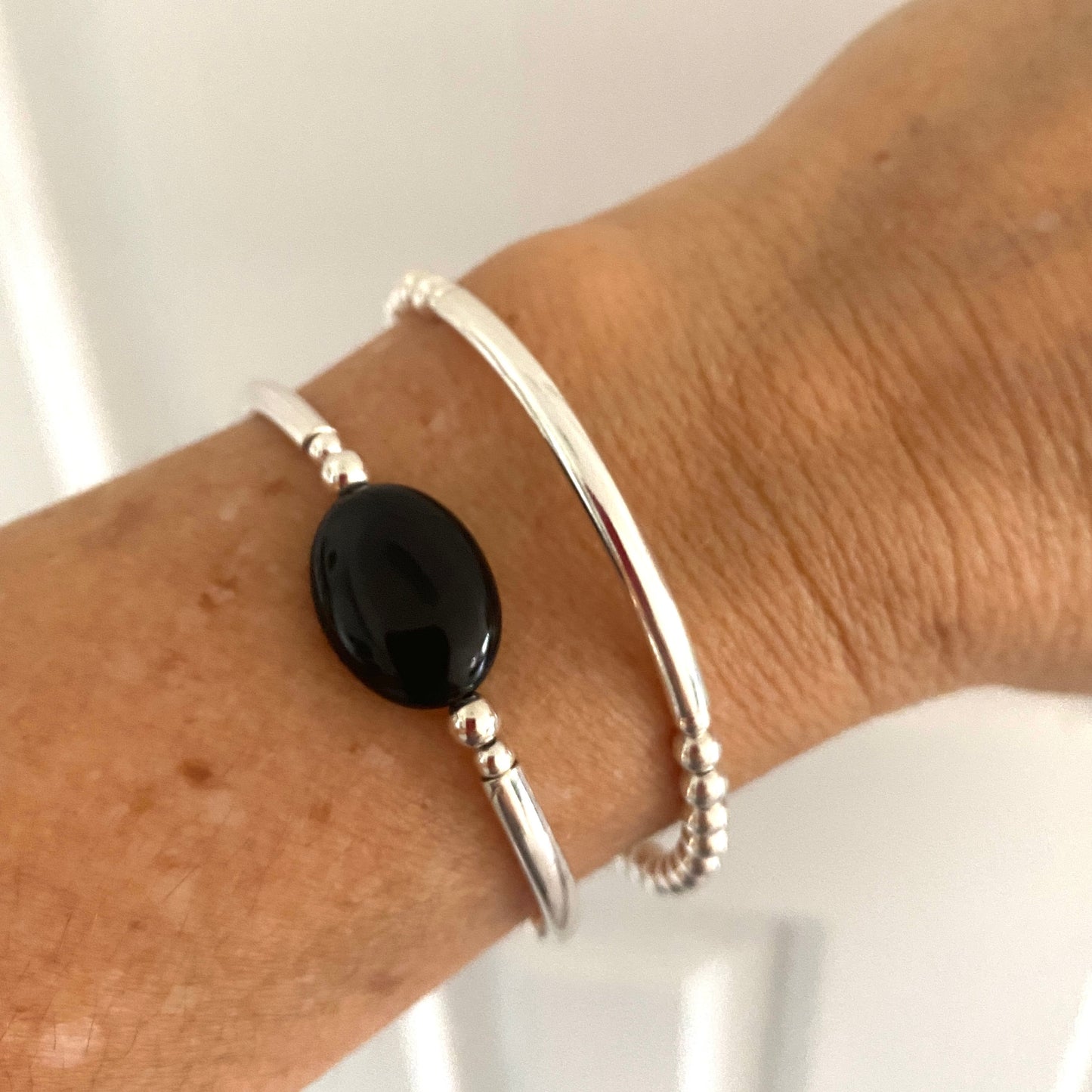 Black onyx sterling silver stacking bracelet women stretchy gemstone jewelry friend birthday gift
