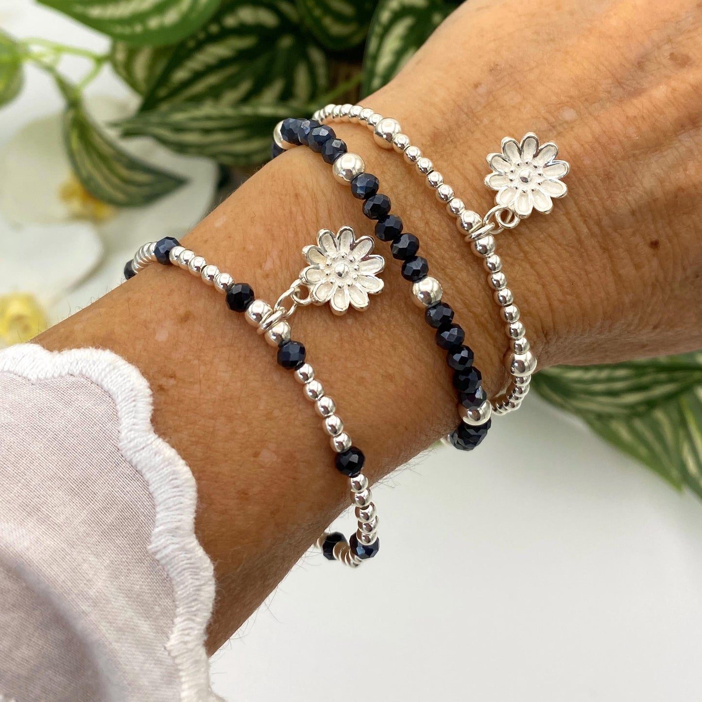 Sterling silver spring flower bracelet blue crystal daisy charm gift for her or mom