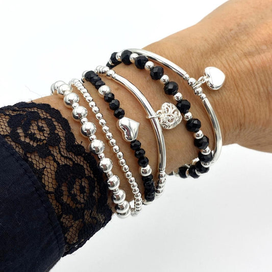 Silver black crystal stacking bracelet women jewelry beaded personalized heart charm gift set