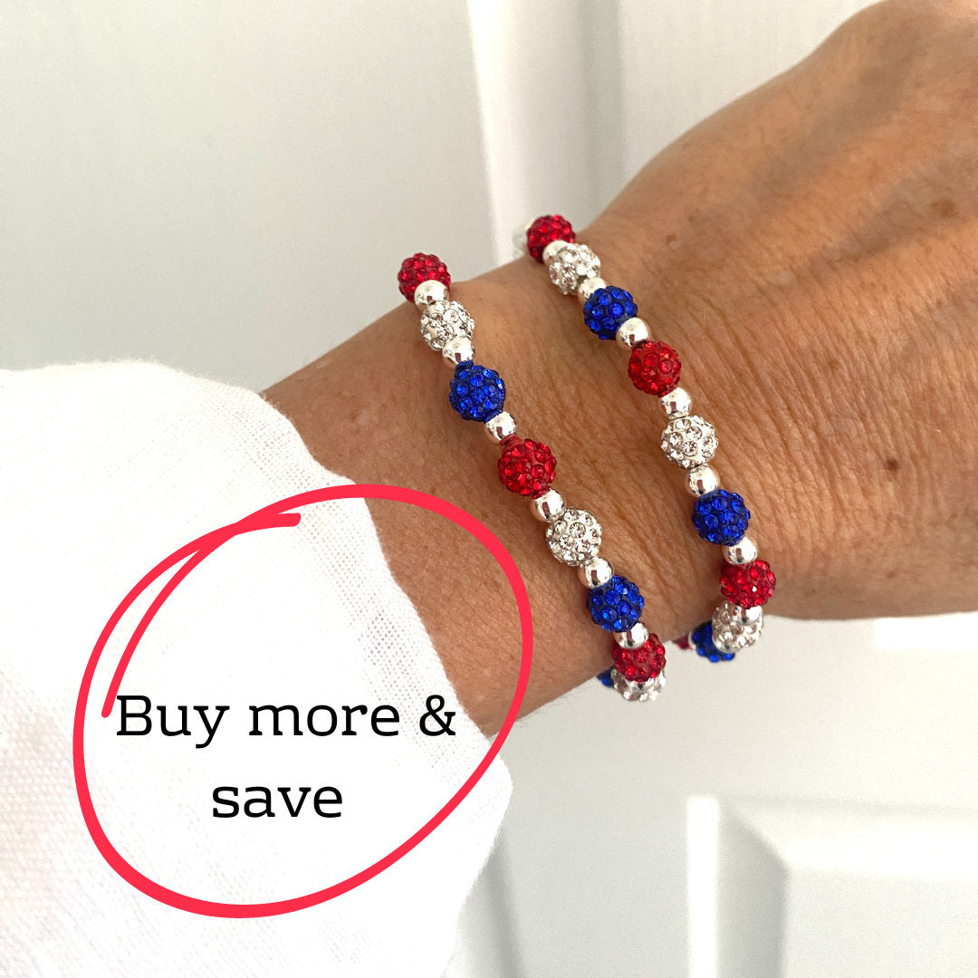 Red white blue bracelet USA crystal jewelry patriotic stretchy gift for her