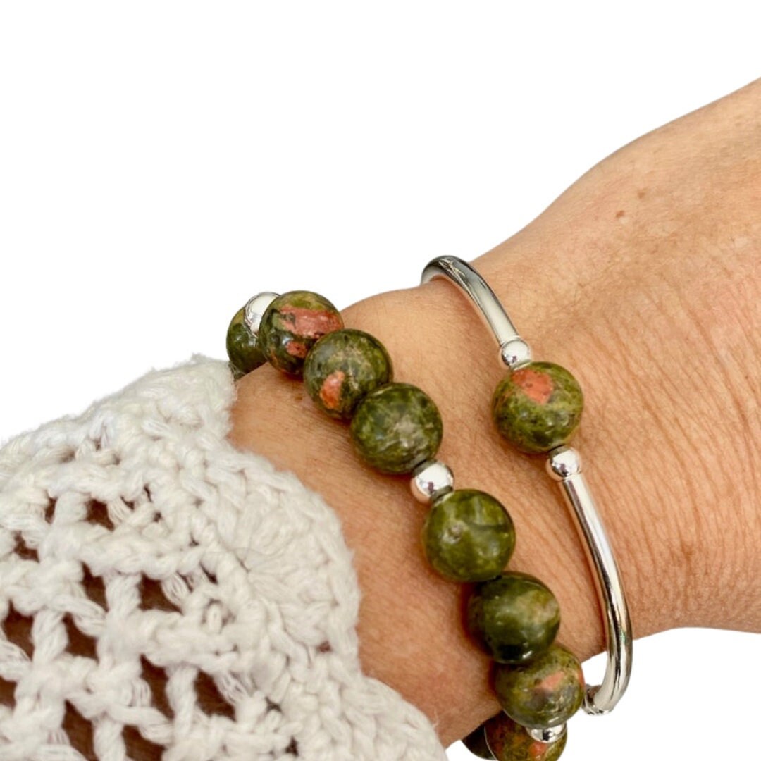 Silver and Green Beaded Bracelet Sterling Silver Stretchy Gift for Women