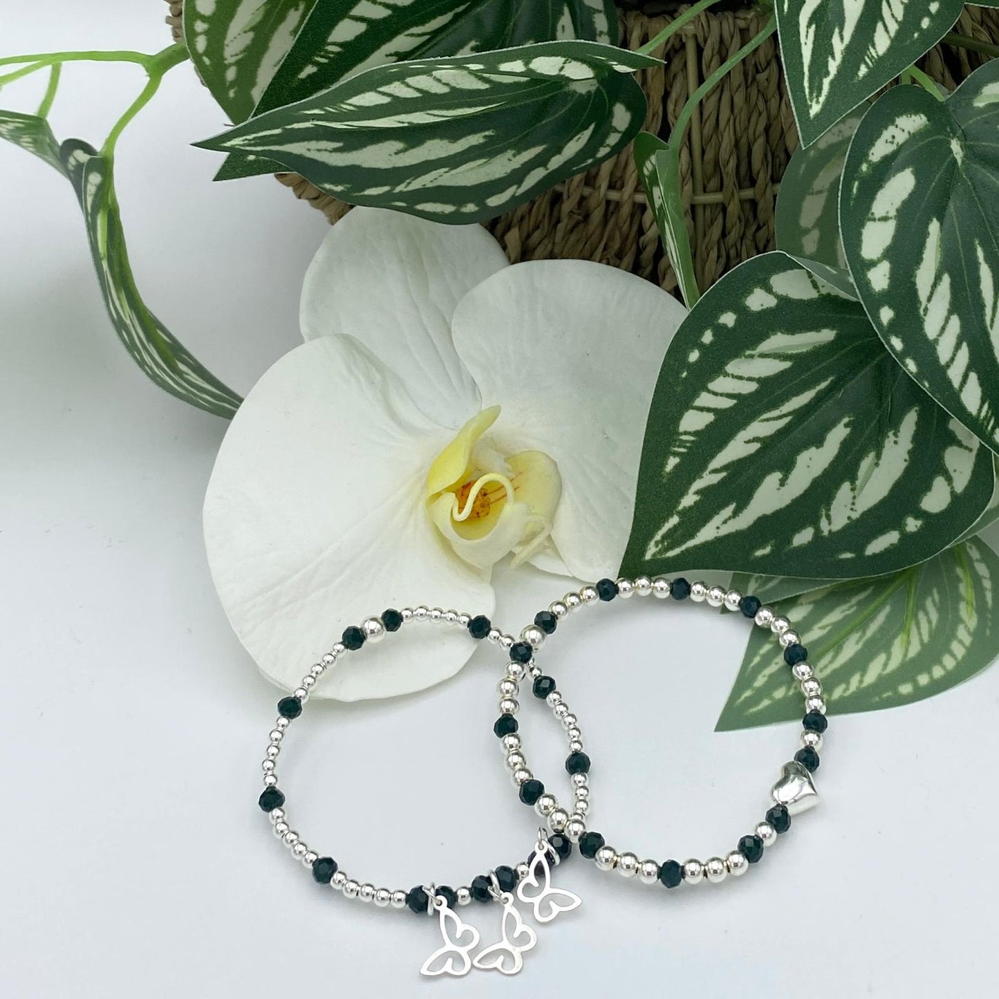 Sterling silver dainty charm bracelet with dark green crystal heart and butterfly gift