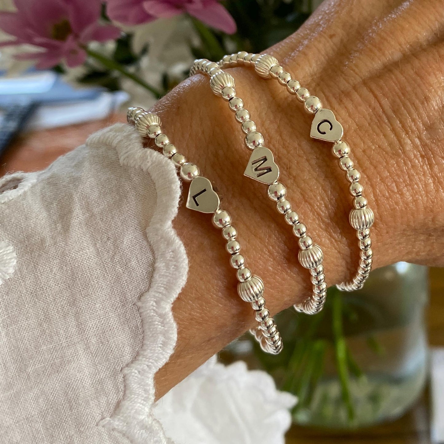 Sterling silver personalized bracelet with name initial and heart charm gift