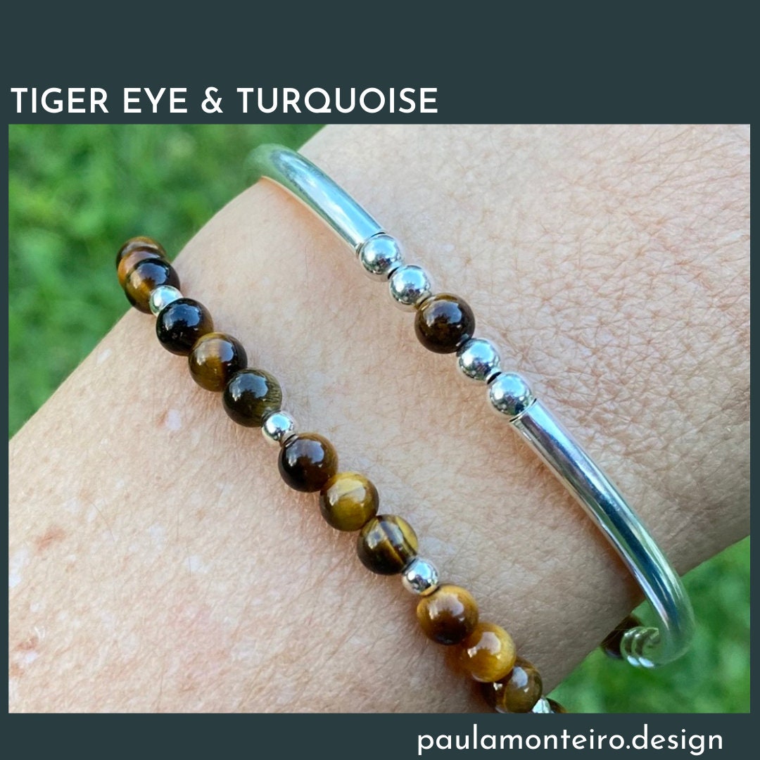 Tiger Eye Turquoise Silver Bracelet 925 Sterling Layering Beaded Jewelry Gift for Mom