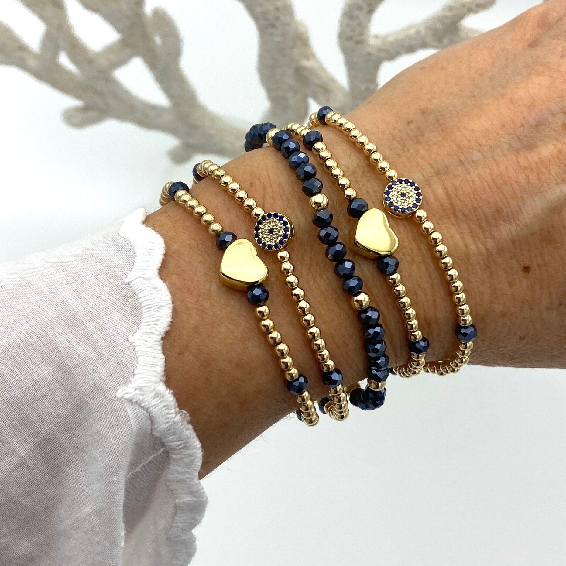 Gold Filled Evil Eye and Heart Charm Bracelet Set