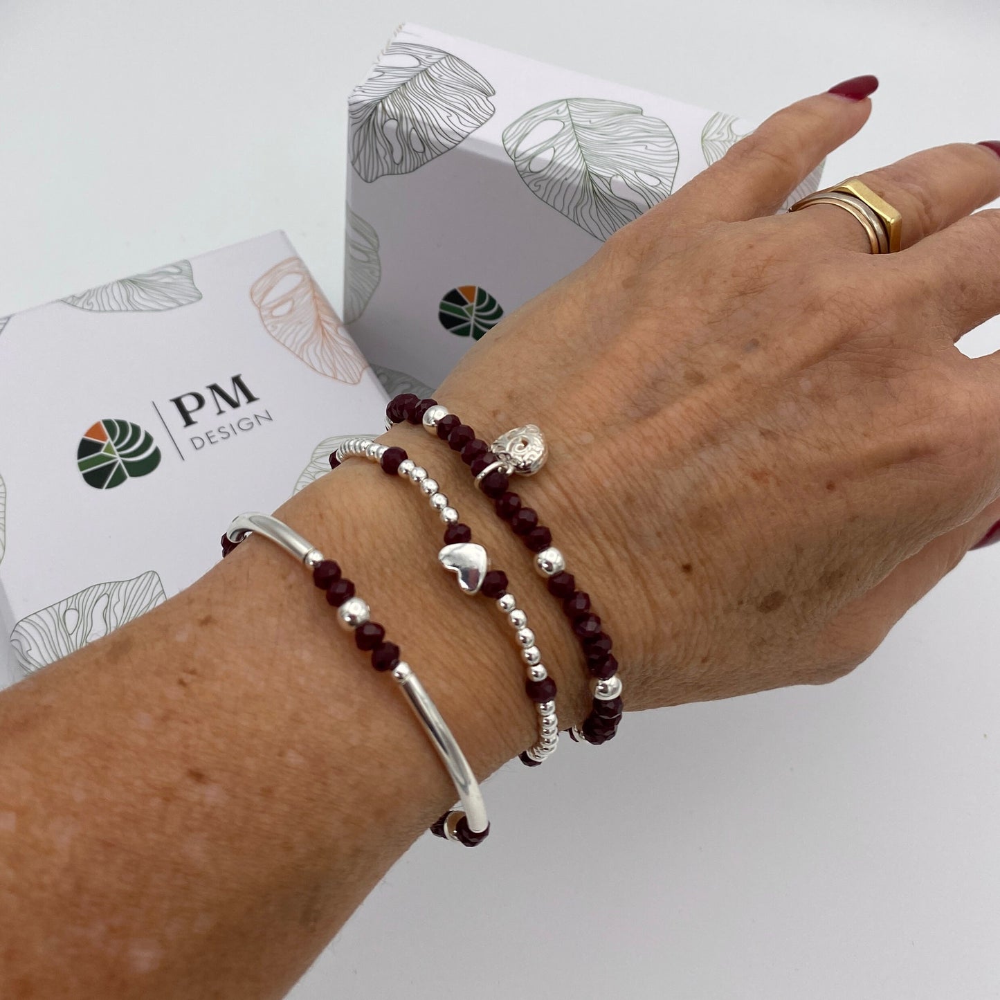 Sterling silver wine crystal bracelet for women heart charm stretchy personalized jewelry gift