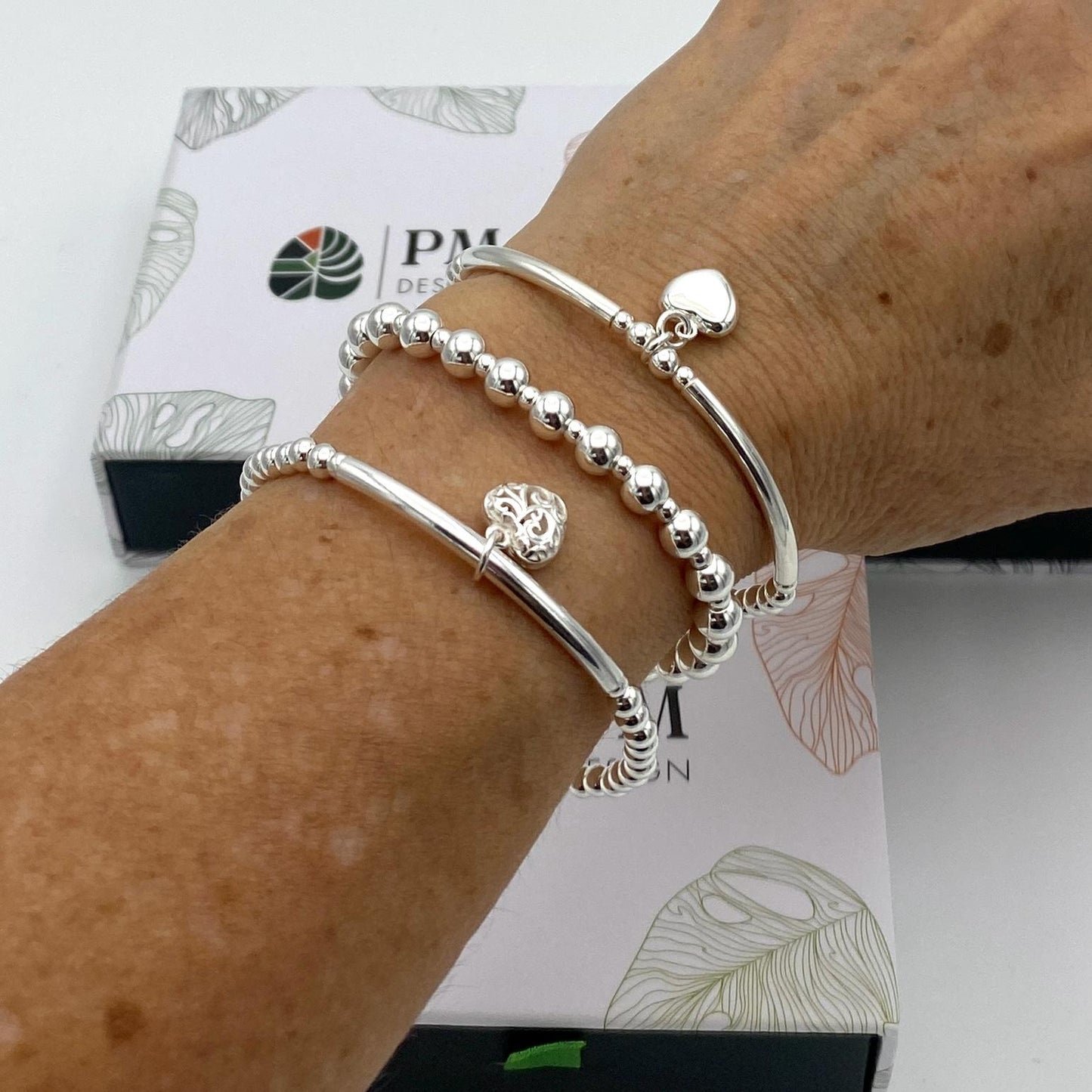 Silver black crystal stacking bracelet women jewelry beaded personalized heart charm gift set