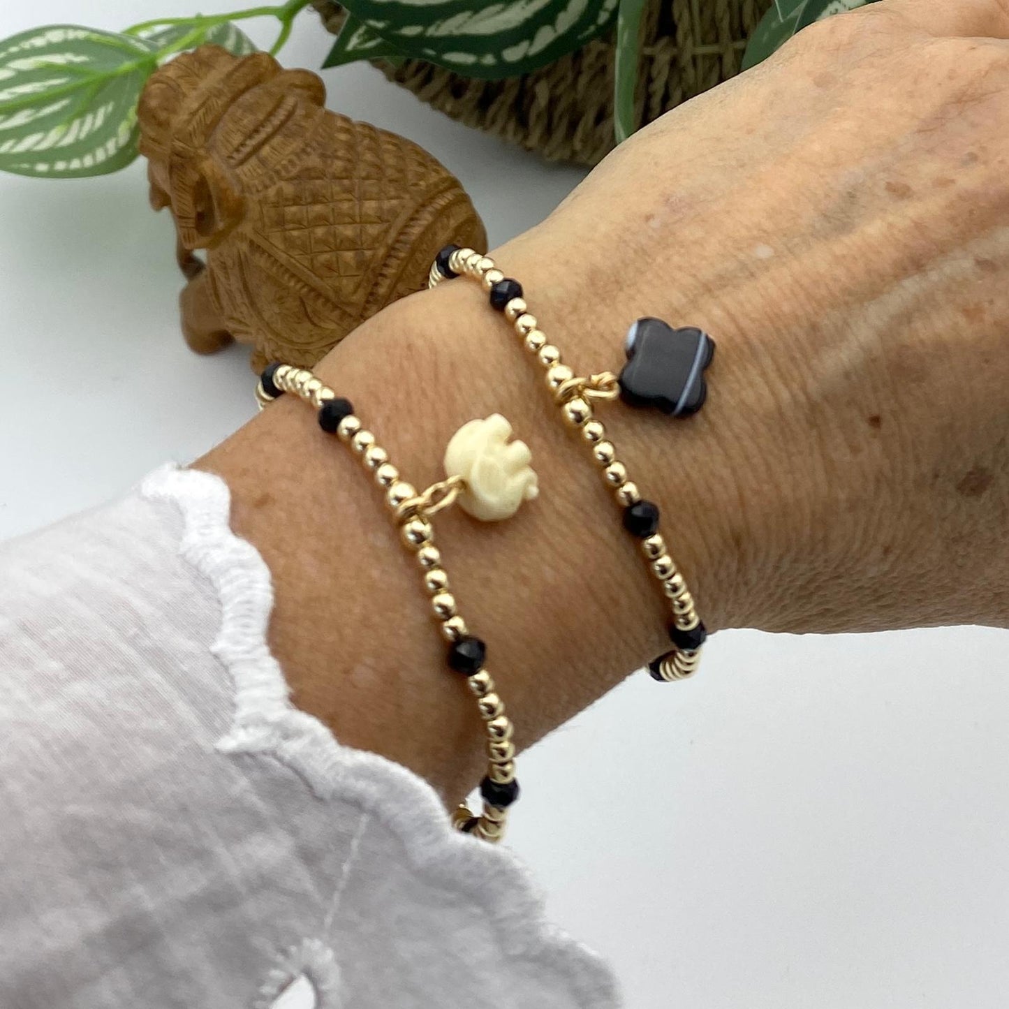 Gold filled spring charm bracelet nature inspired flower and elephant jewelry gift for women