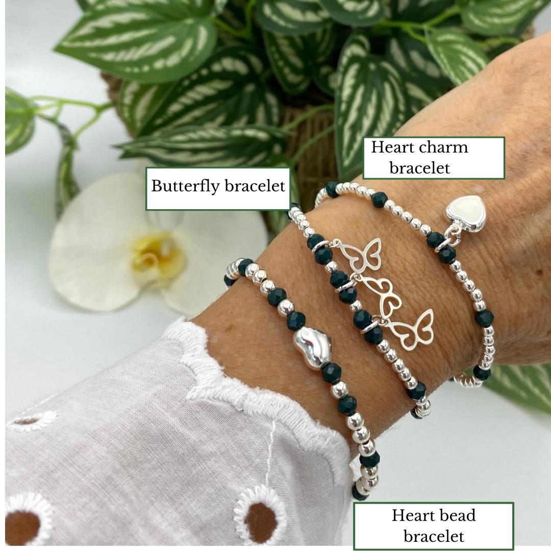 Sterling silver dainty charm bracelet with dark green crystal heart and butterfly gift