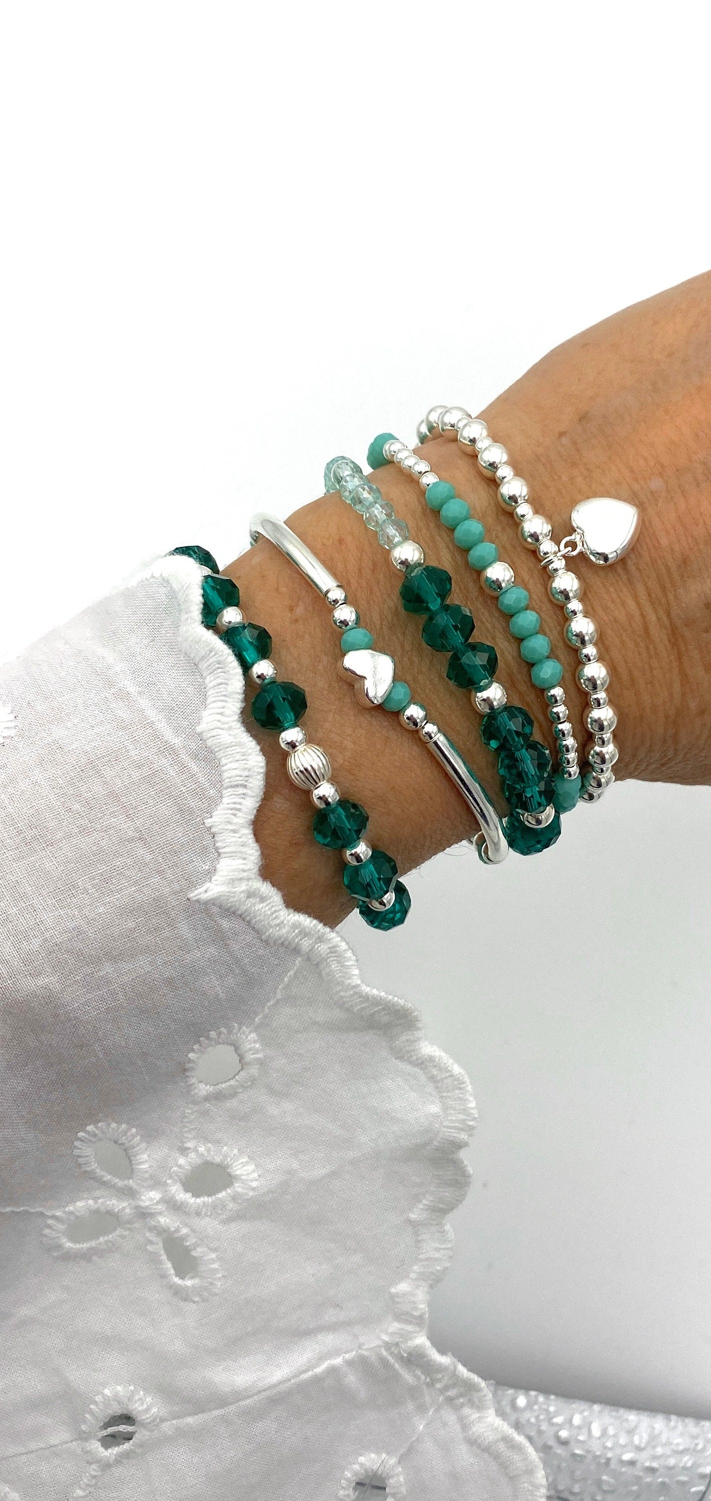 Sterling silver blue green crystal stacking bracelet personalized charm stretchy jewelry women gift