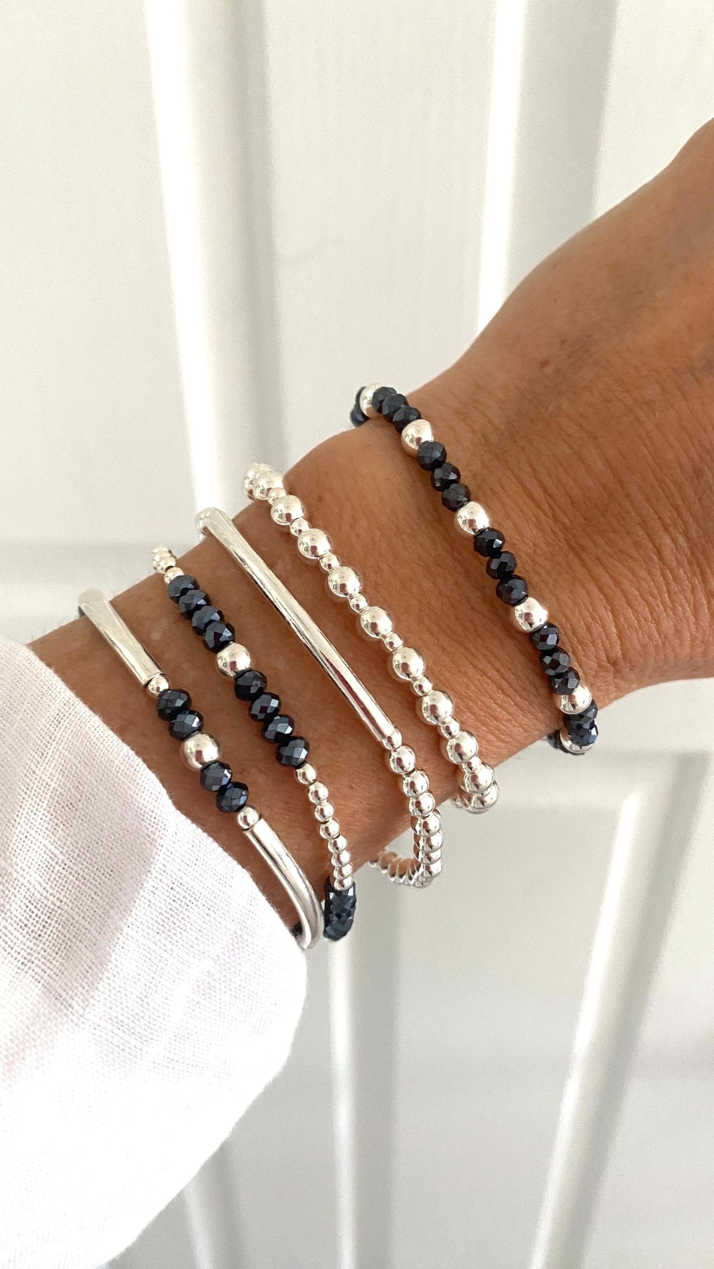 Blue crystal sterling silver beaded bracelet stretchy jewelry set gift for women