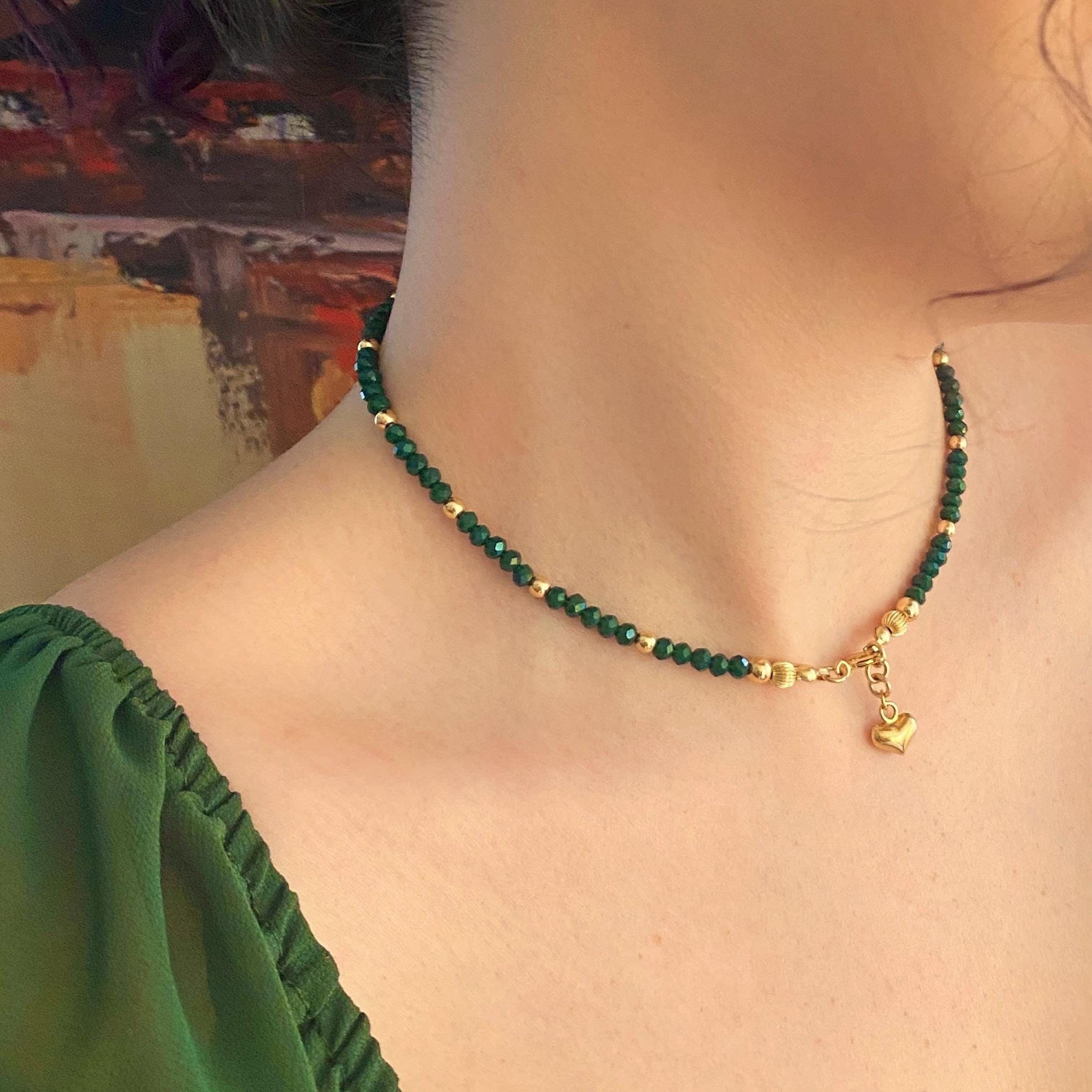 Gold Filled Crystal Beaded Necklace with Heart Charm