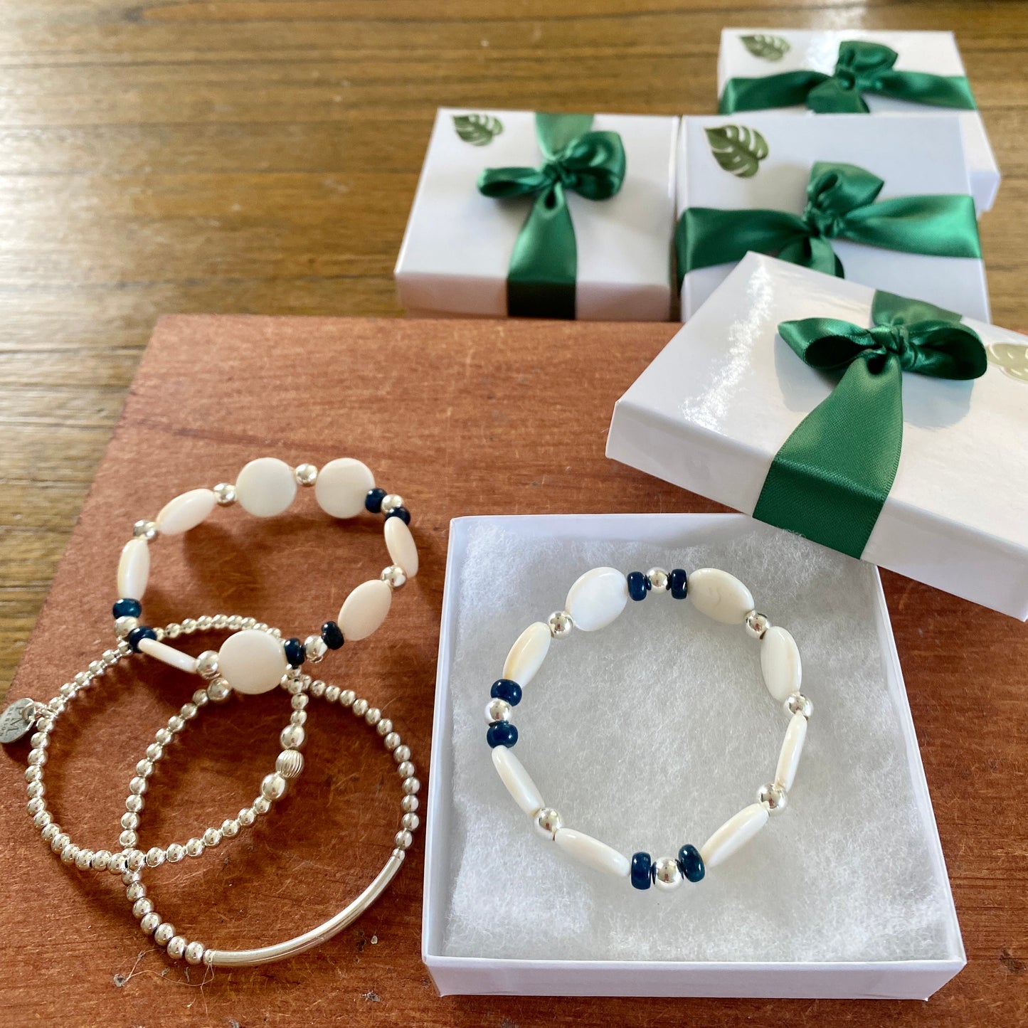 Sterling silver mother of pearls and blue stone bracelet gift for her