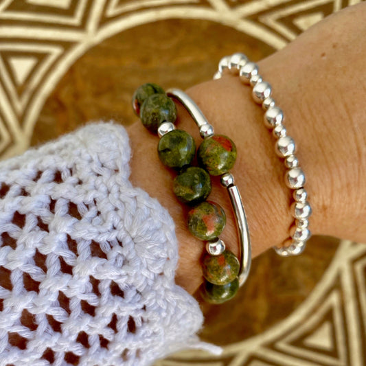 Silver and Green Beaded Bracelet Sterling Silver Stretchy Gift for Women