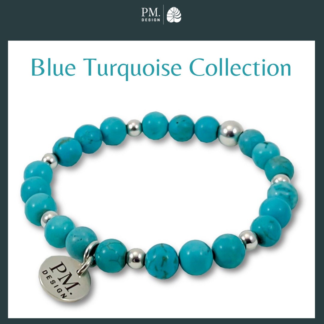 Turquoise sterling silver  Beaded Bracelet Turquoise jewelry set Layering silver Bracelets Blue Turquoise Stack Turquoise Mom's Gift