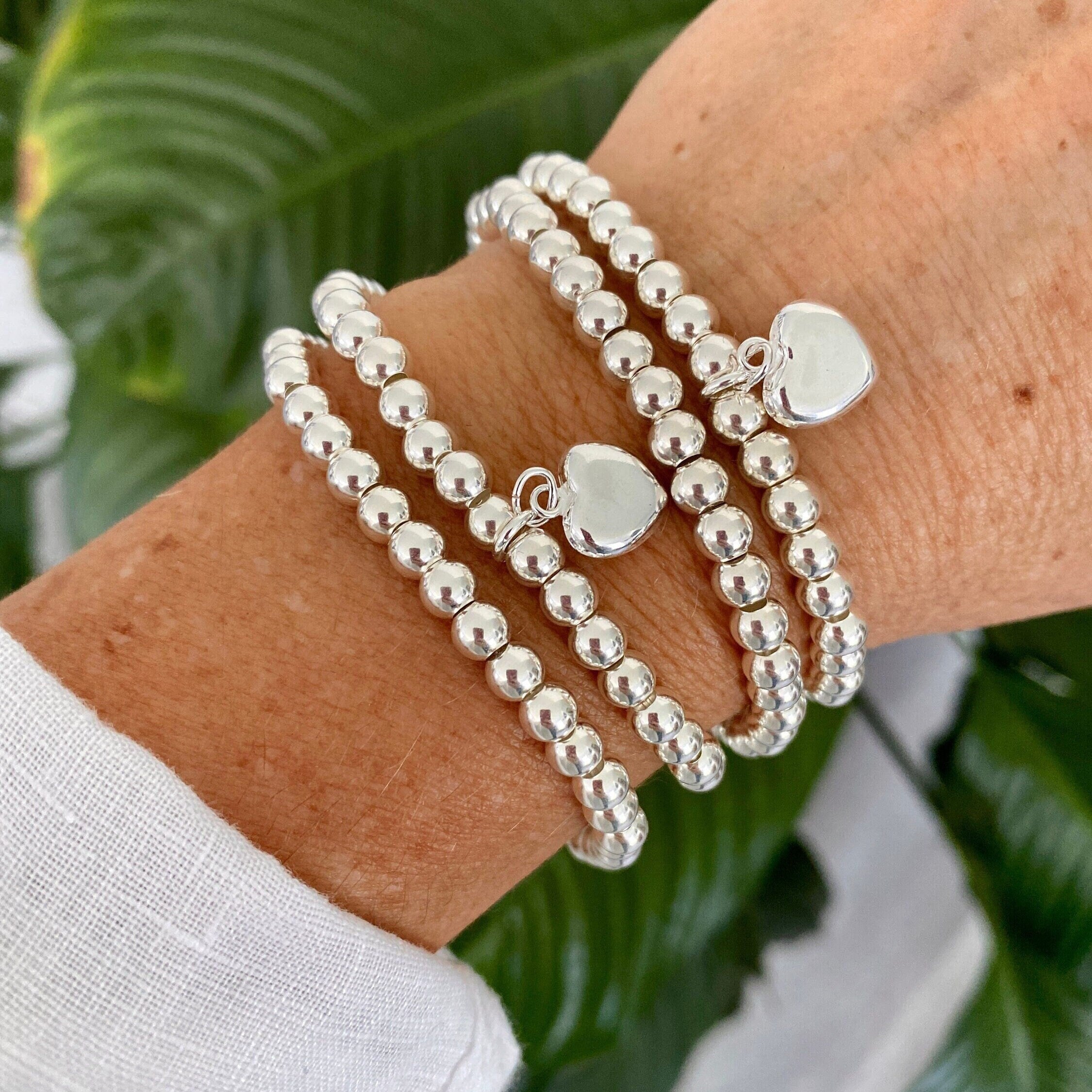 Sterling Silver 5mm Beaded Bracelet Heart charm option