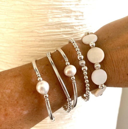 Sterling Silver mother of pearl bracelet women beaded stacking jewelry white freshwater pearl stretchy set