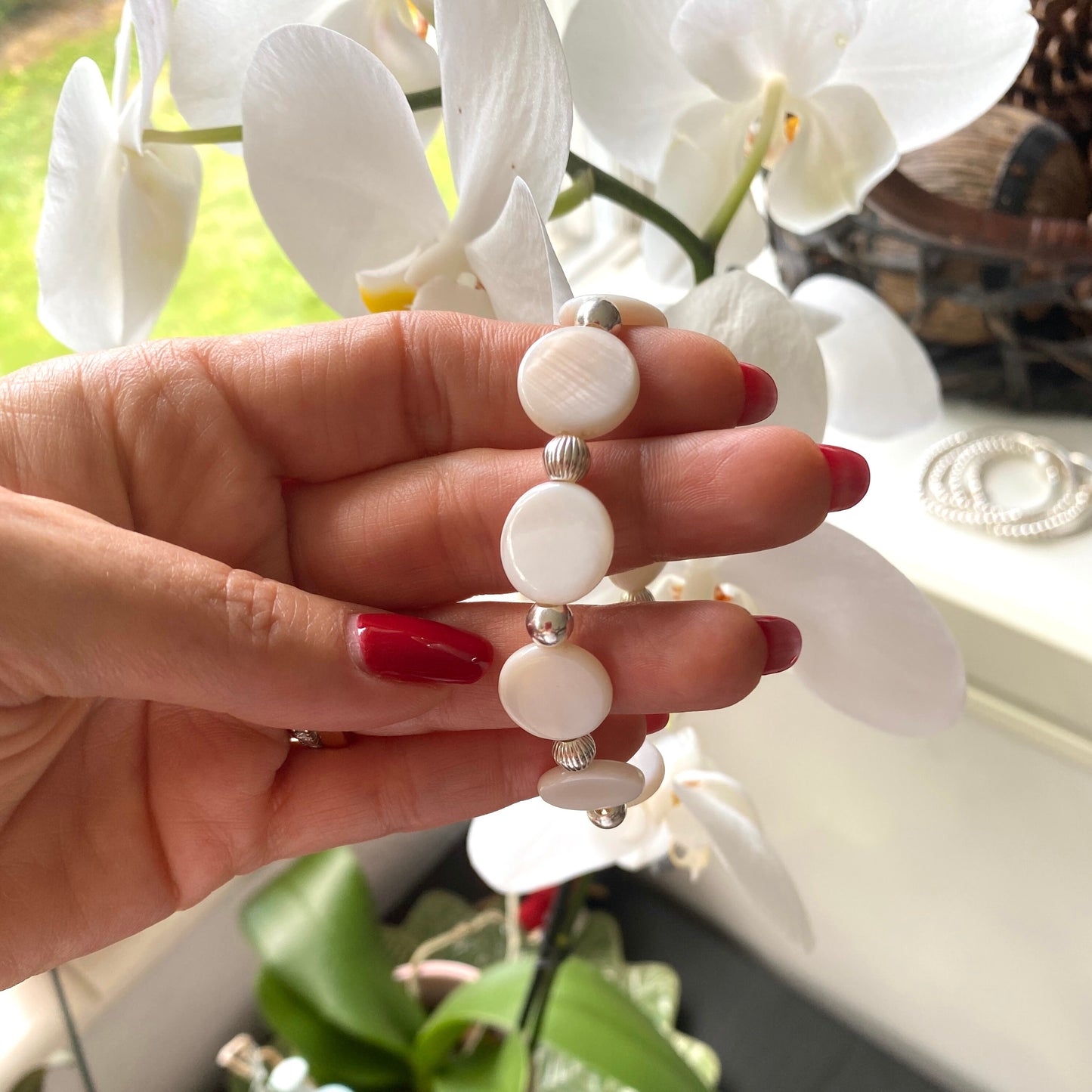 Sterling Silver mother of pearl bracelet women beaded stacking jewelry white freshwater pearl stretchy set