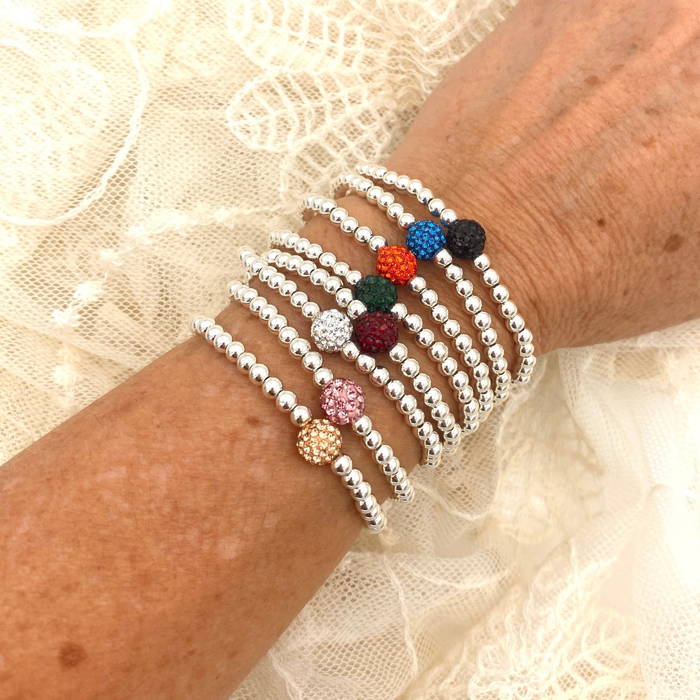 Sterling silver rhinestone colors stretchy bracelet crystal color stacking jewelry gift for her