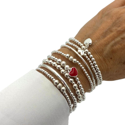 sterling silver red heart charm personalized bracelet stretchy jewelry set gift for women