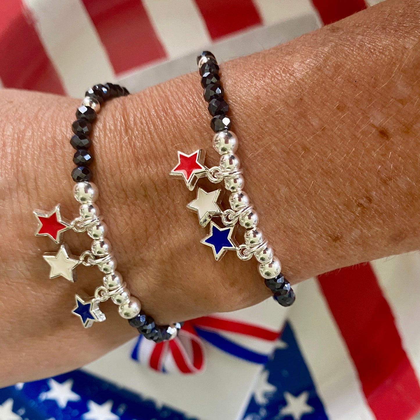 Patriotic navy crystal bracelet USA red white blue star charm gift
