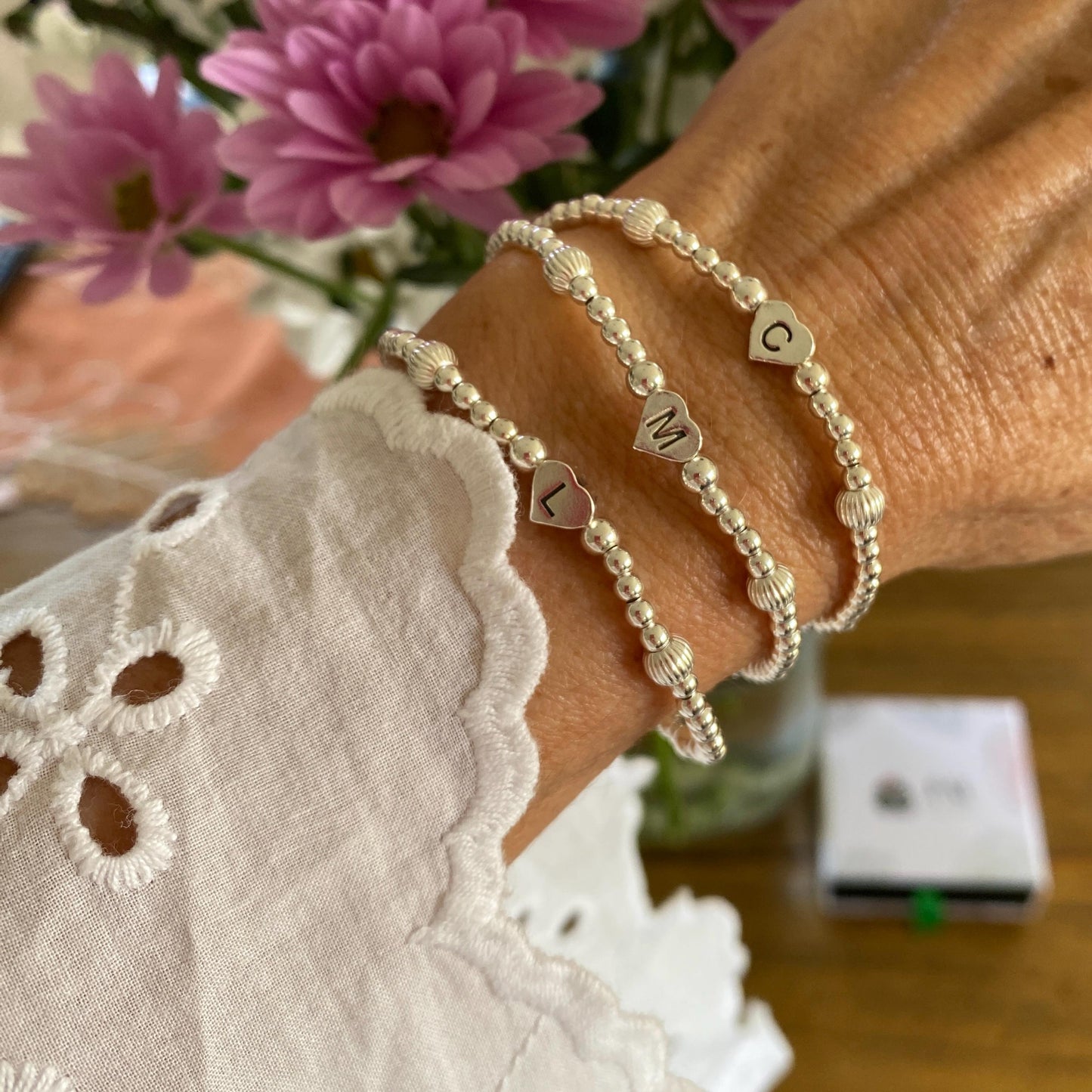 Sterling silver personalized bracelet with name initial and heart charm gift