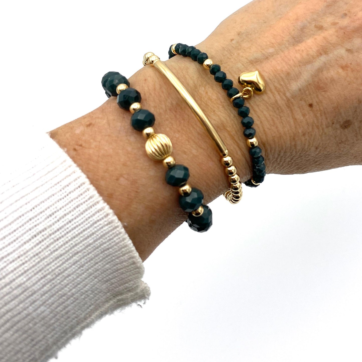 Gold Filled Green Bracelet Set with Heart Charm Elegant Gift for Her