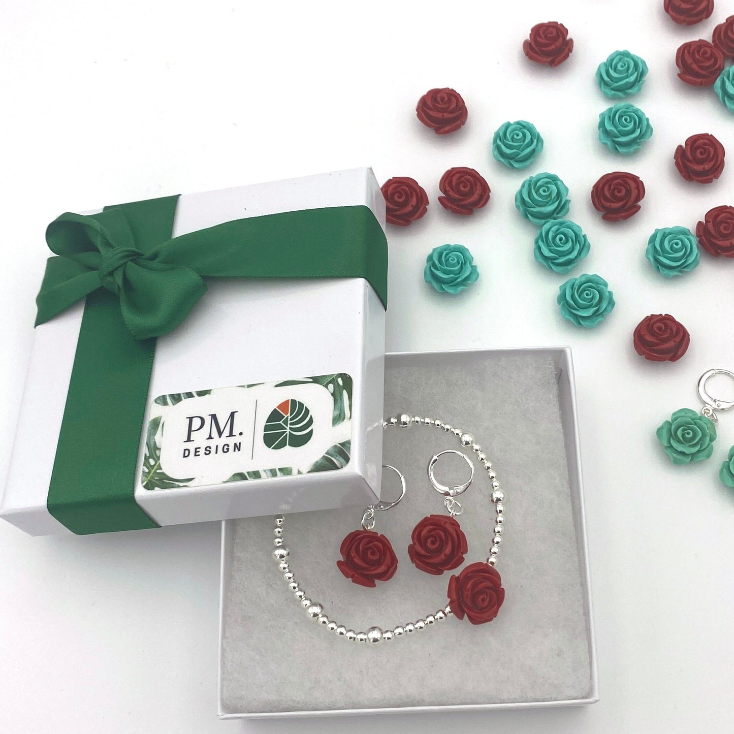 Personalized red rose jewelry set sterling silver spring gift for women