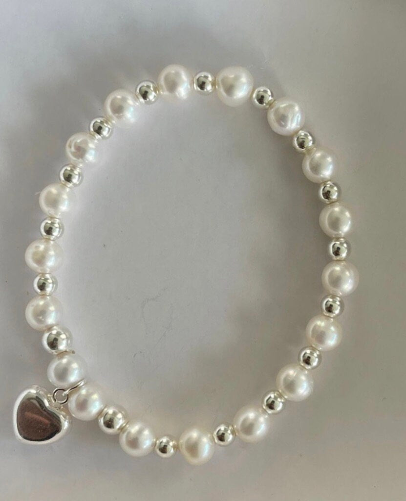 Sterling silver heart charm pearl bracelet set personalized gift for her elegant silver and pearl jewelry