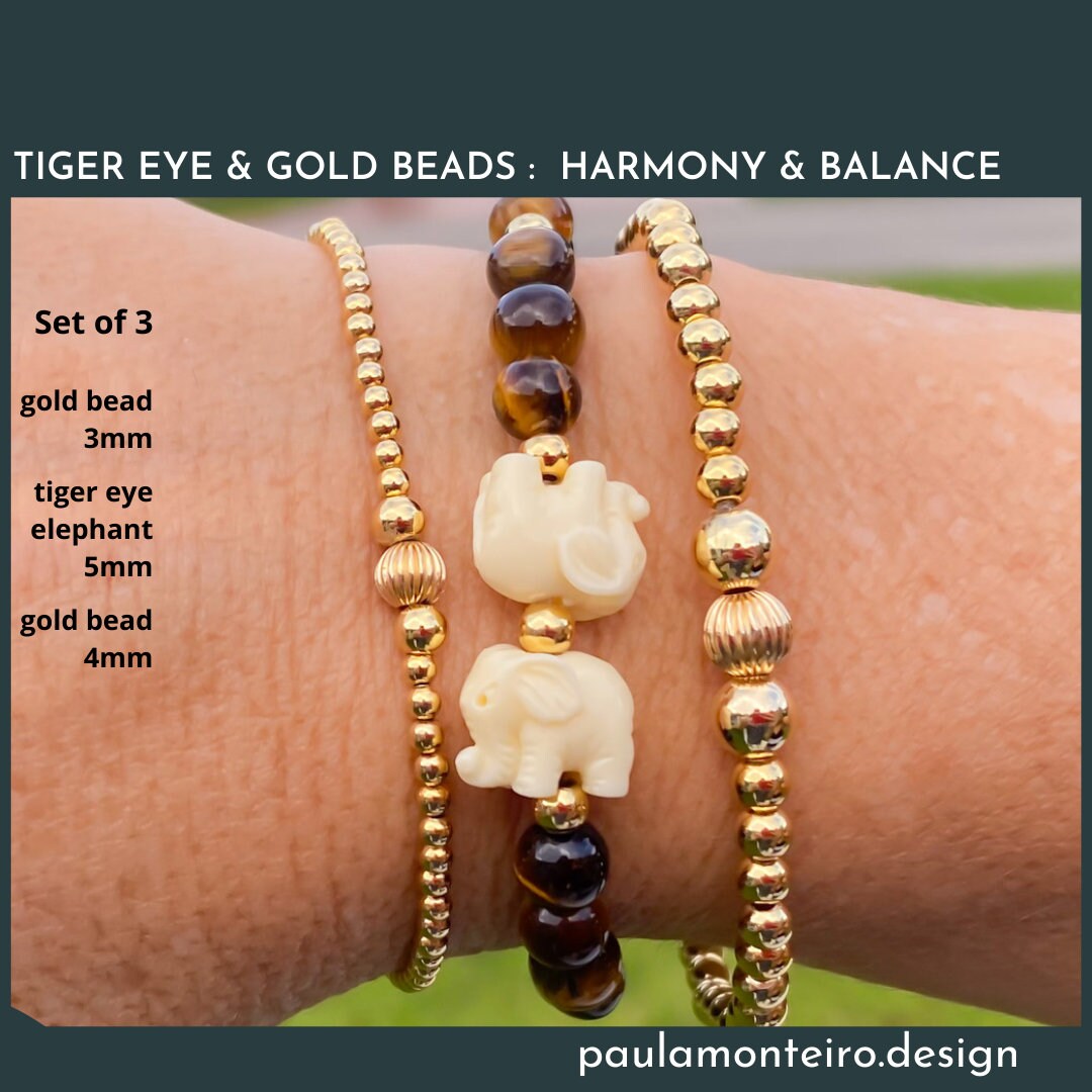 Gold Filled Tiger Eye Bracelet with Elephant Charm Gift for Her
