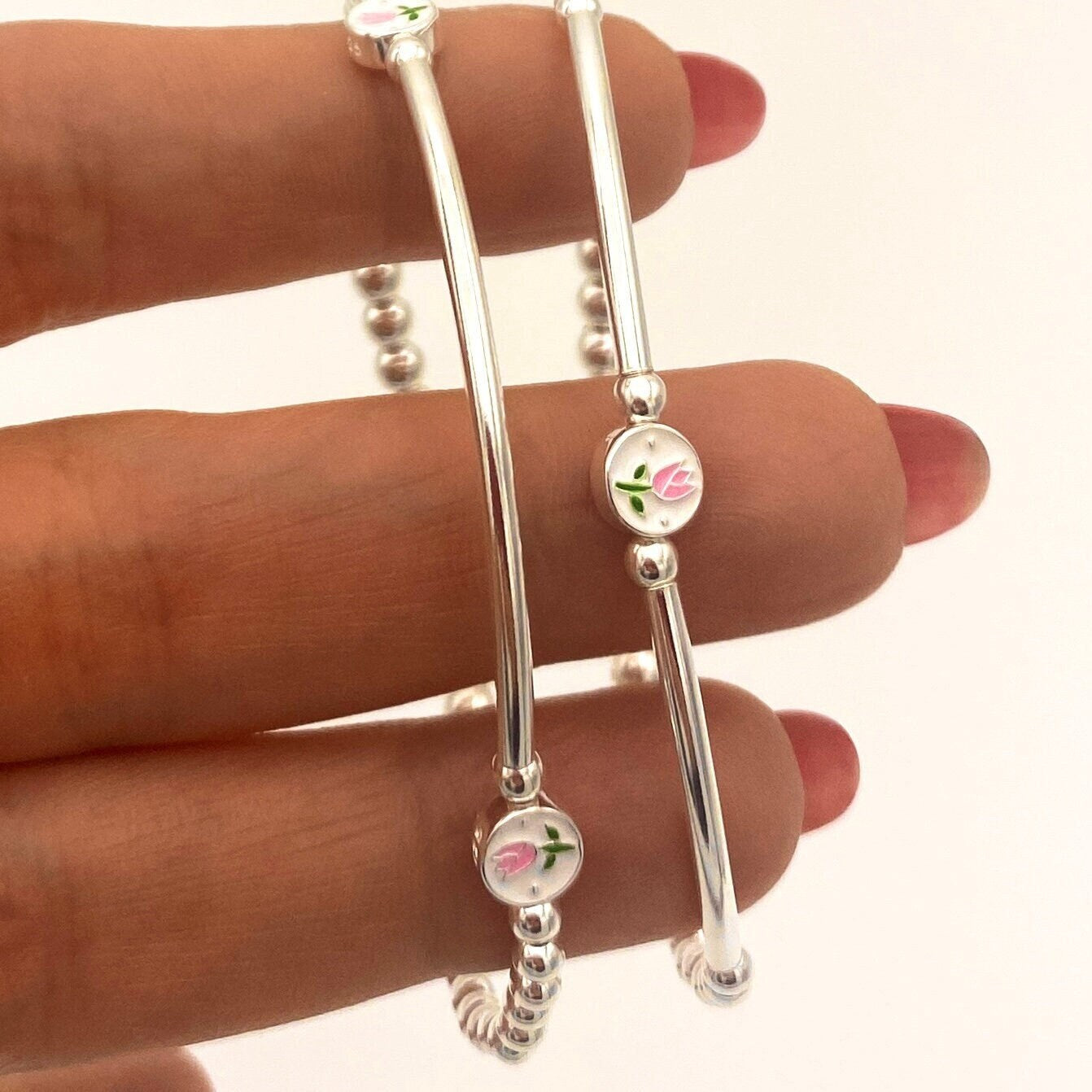 Silver Flower Charm Bracelet Pink Tulip Gift Set for Women
