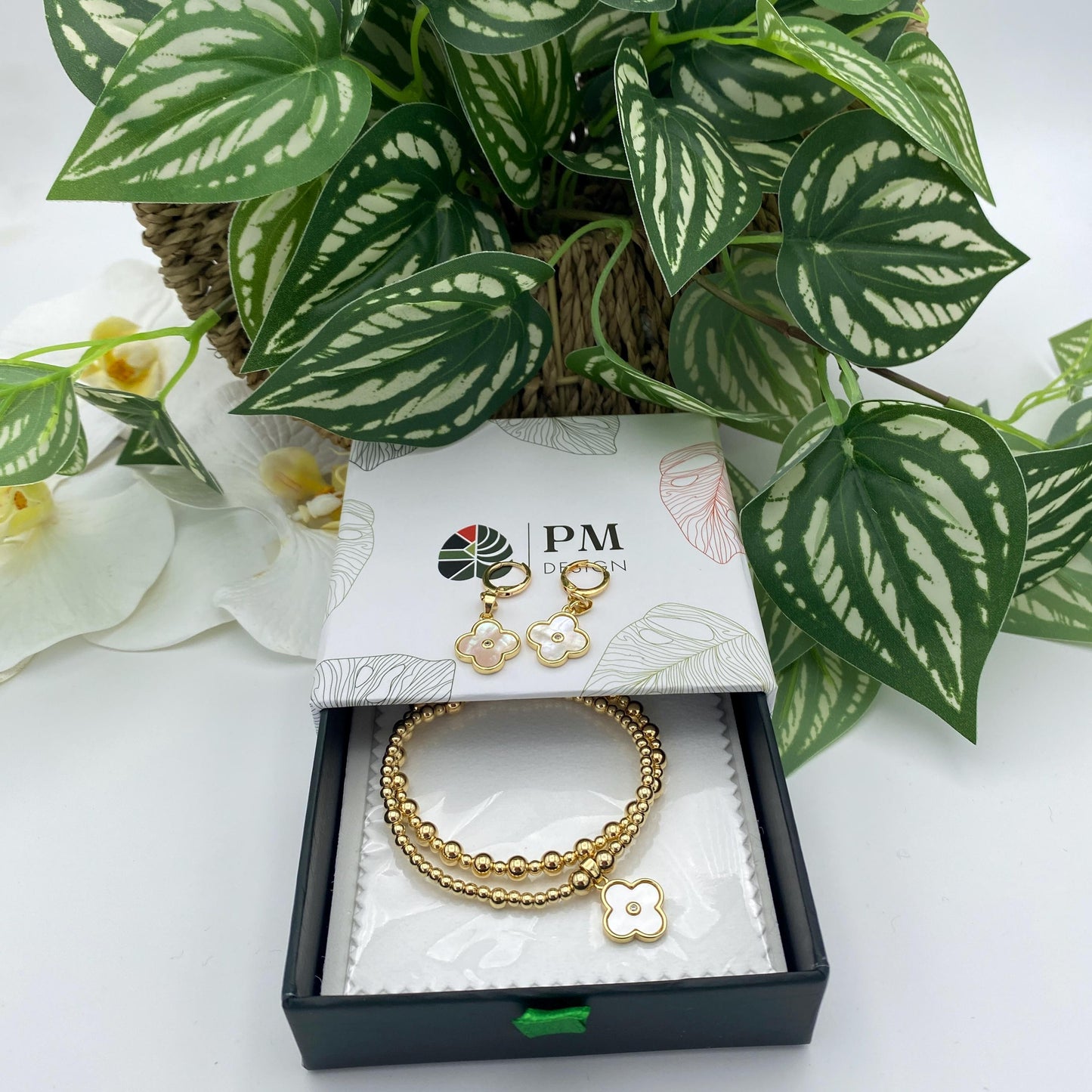 Gold filled white flower charm set pearl clover gold charm women jewelry wedding pearl charm gold set elegant bracelet earrings gift for mom
