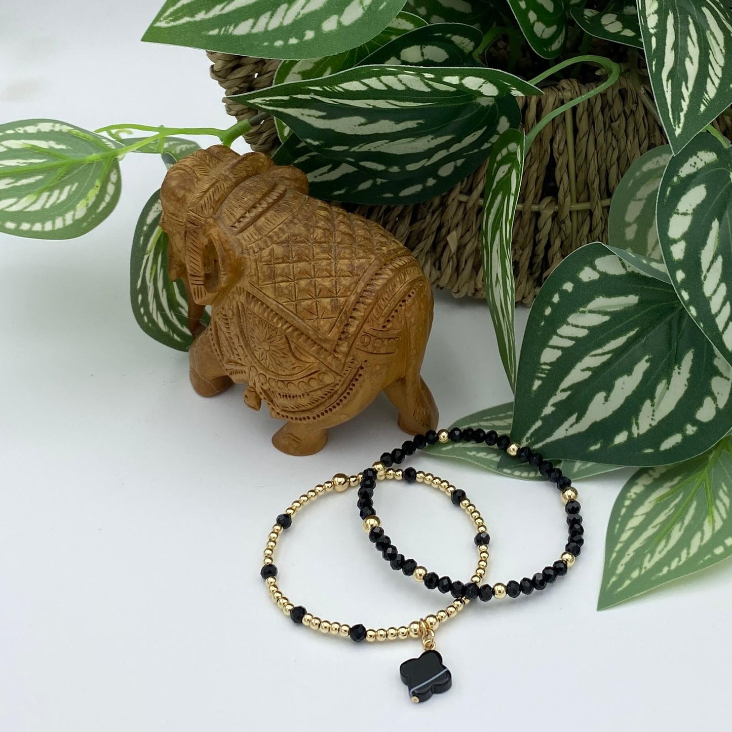 Gold filled spring charm bracelet nature inspired flower and elephant jewelry gift for women