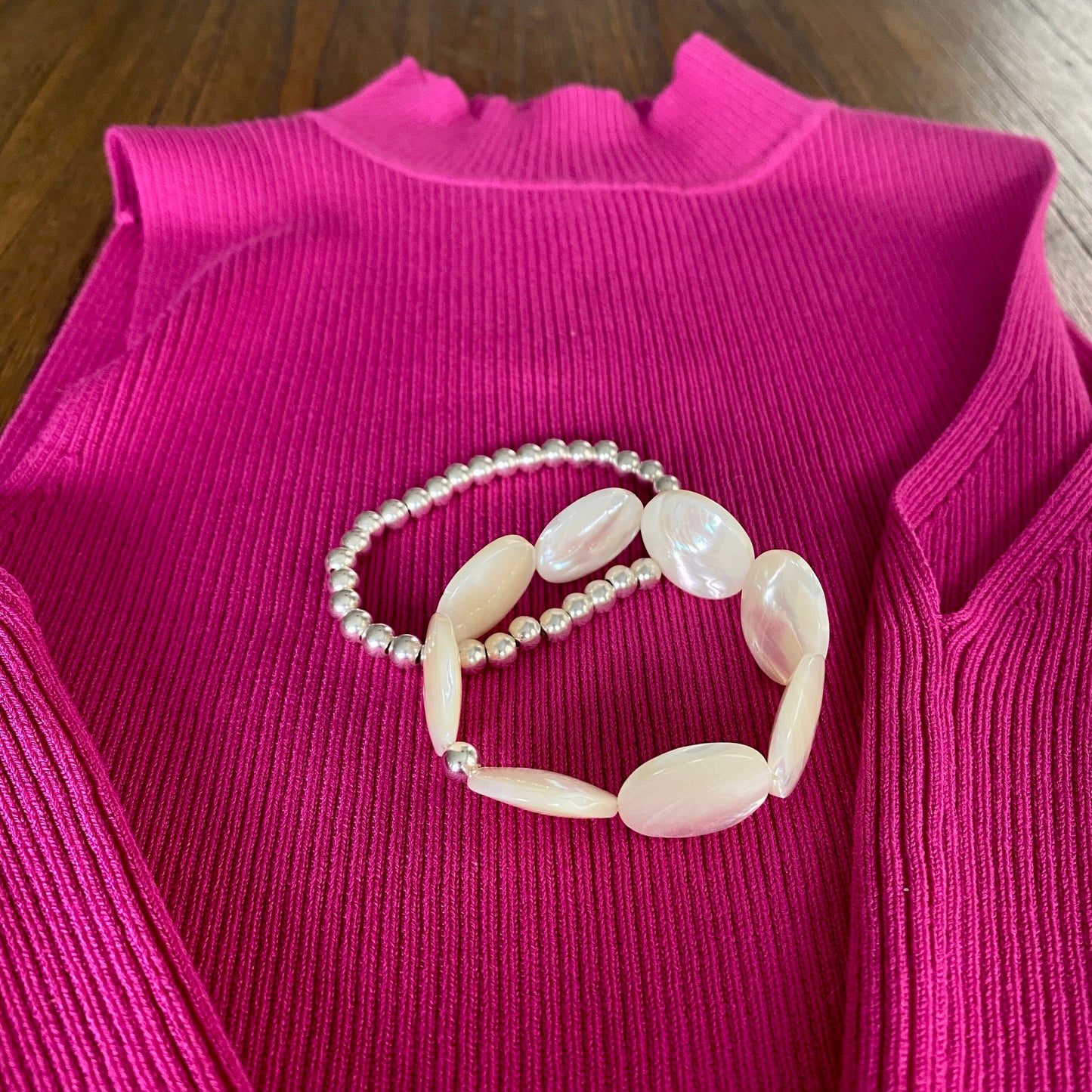 Maxi Mother of Pearls sterling silver bracelet large pearl stretchy jewelry maximalist women gift