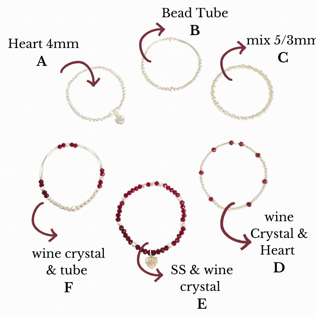 Sterling silver wine crystal bracelet for women heart charm stretchy personalized jewelry gift