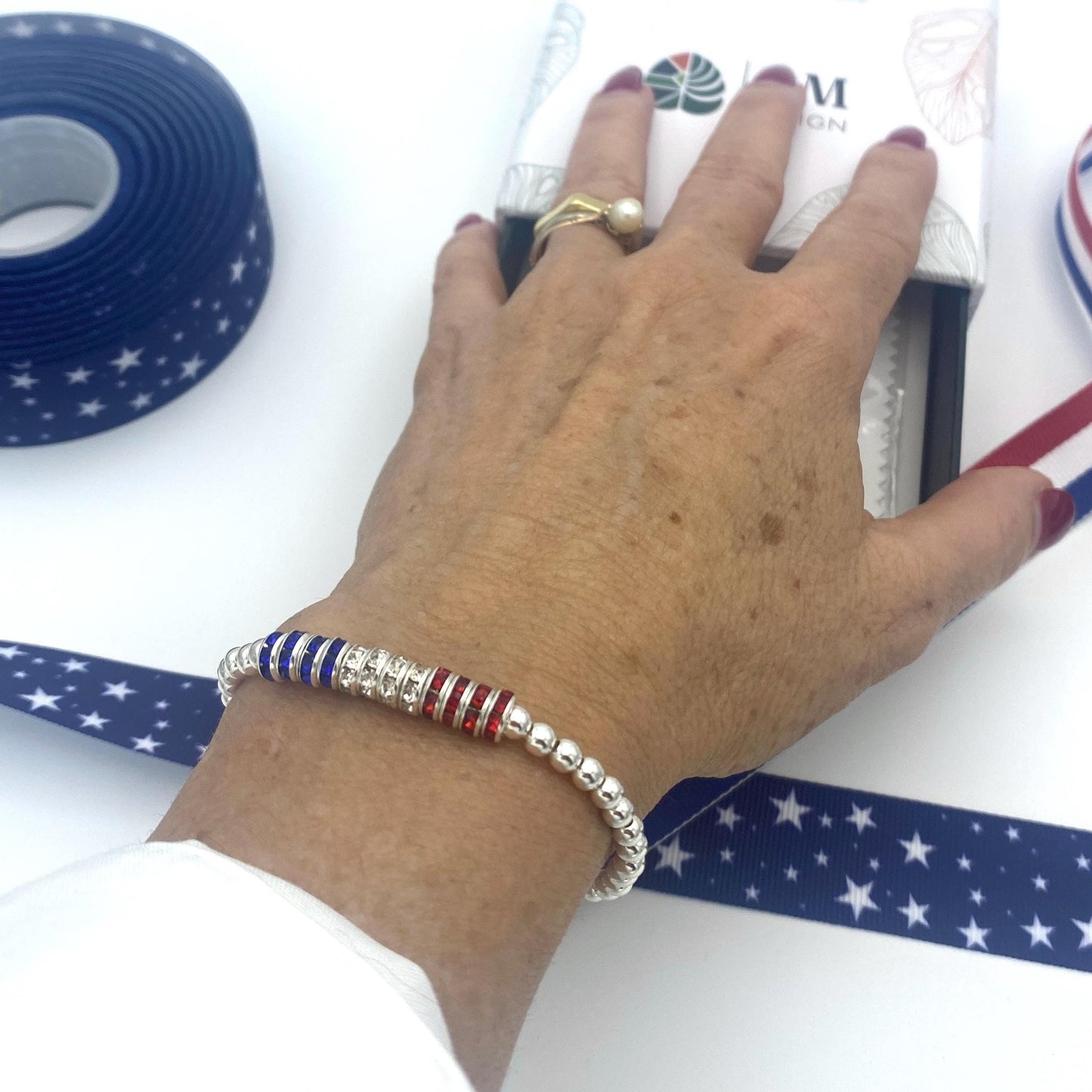 4th of July crystal bracelet USA flag red white blue jewelry gift