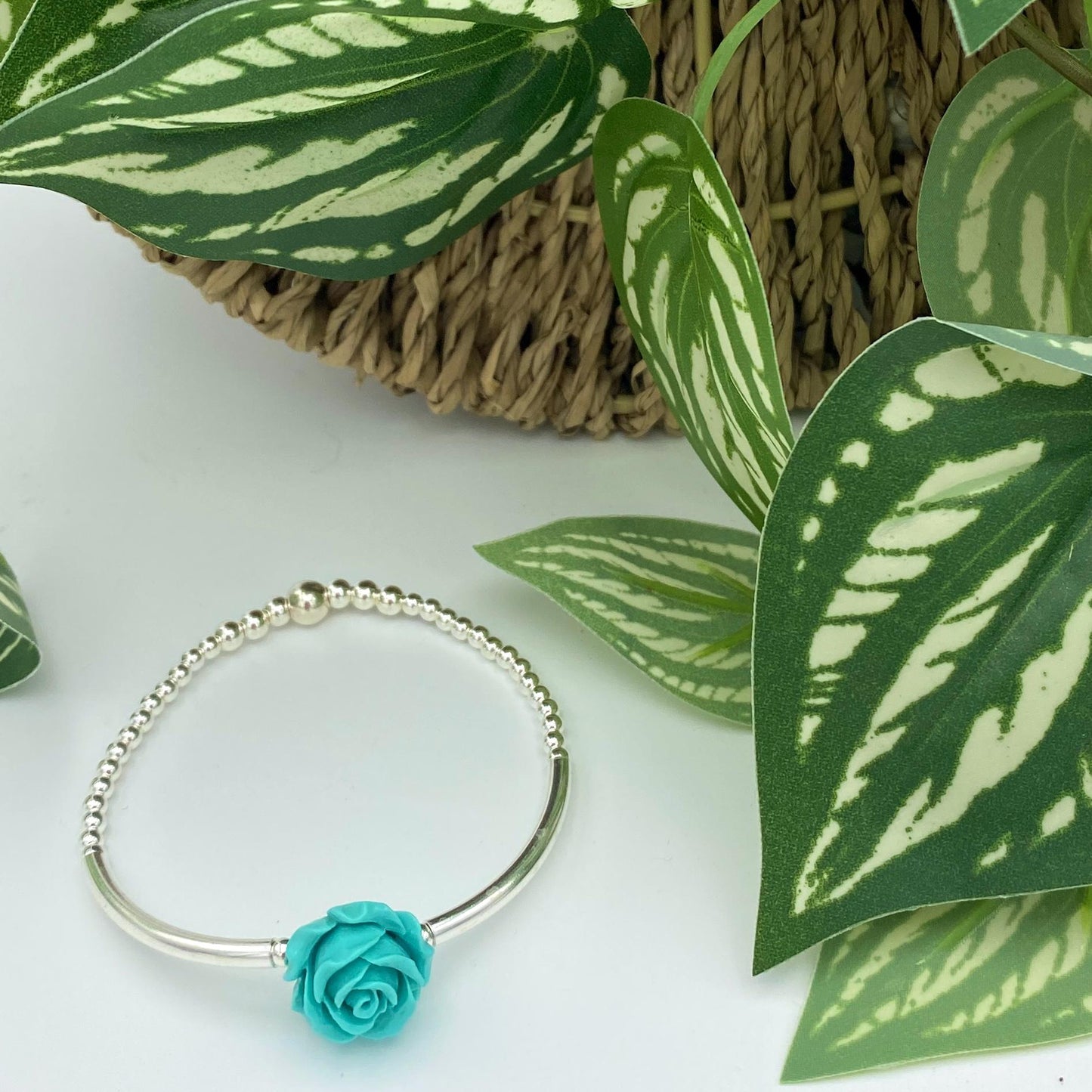 Sterling silver flower bracelet red rose spring jewelry elegant gift for women blue flower dainty mom present