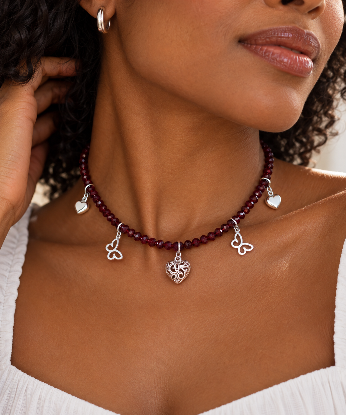 Crystal Beaded Choker Necklace with Sterling Silver Charms
