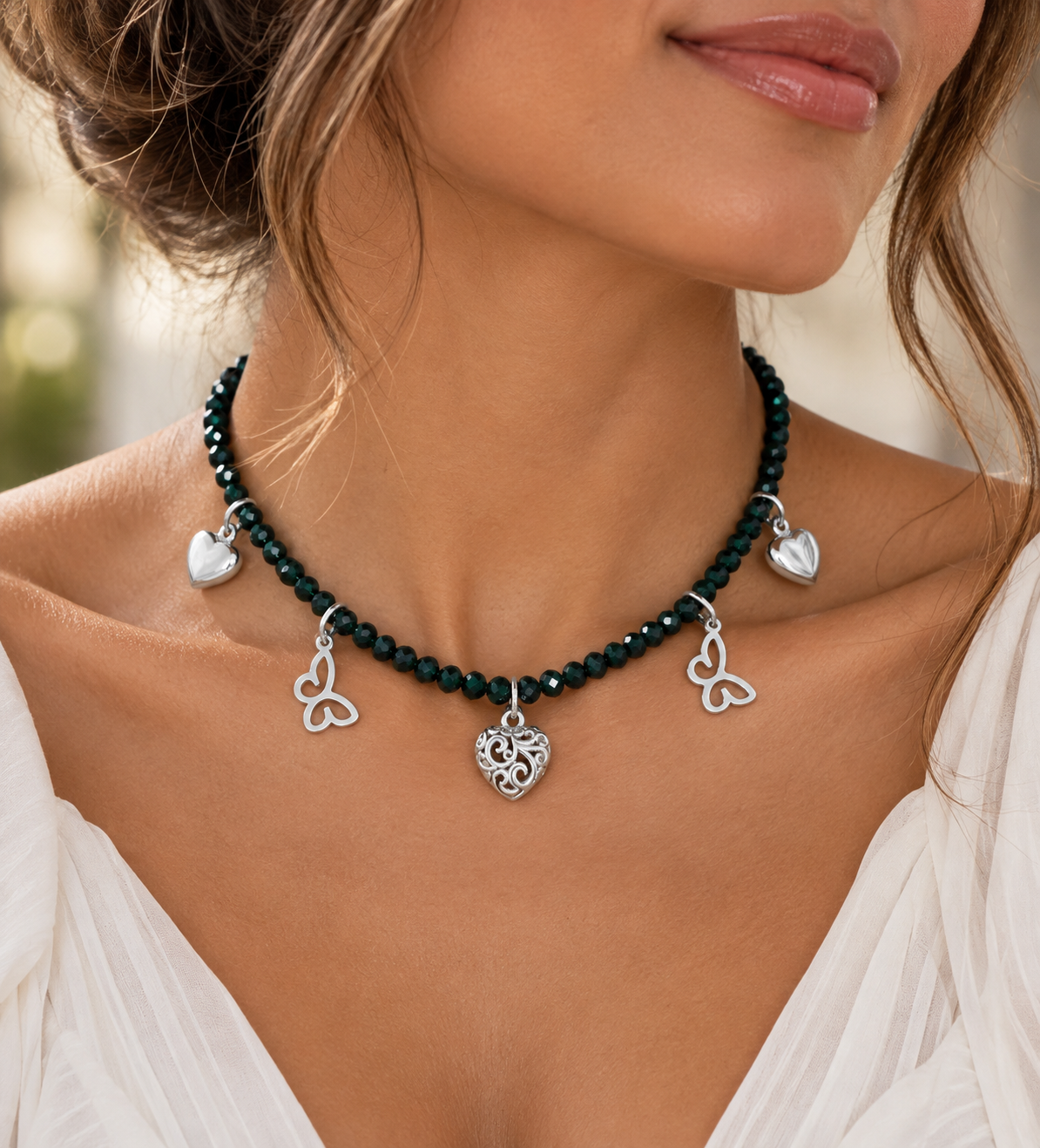 Crystal Beaded Choker Necklace with Sterling Silver Charms