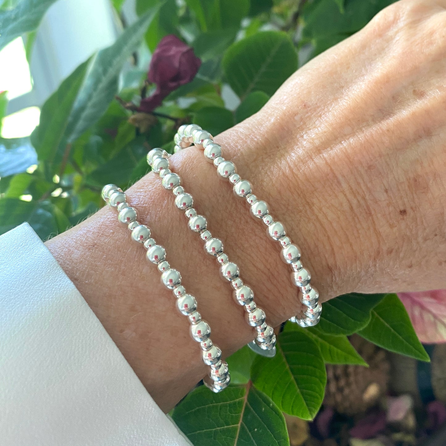 Sterling Silver Beaded Bracelet Women Wedding Jewelry Stretch Bracelet 3mm 5mm Gift for Mom