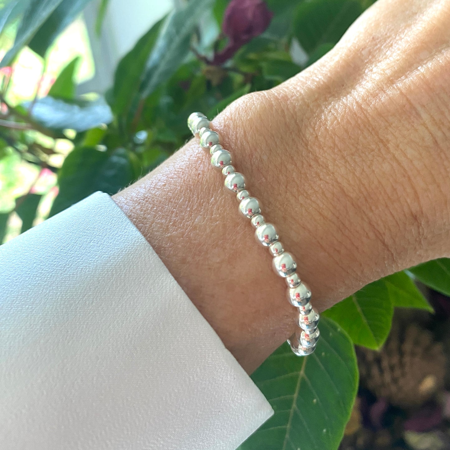 Sterling Silver Beaded Bracelet Women Wedding Jewelry Stretch Bracelet 3mm 5mm Gift for Mom
