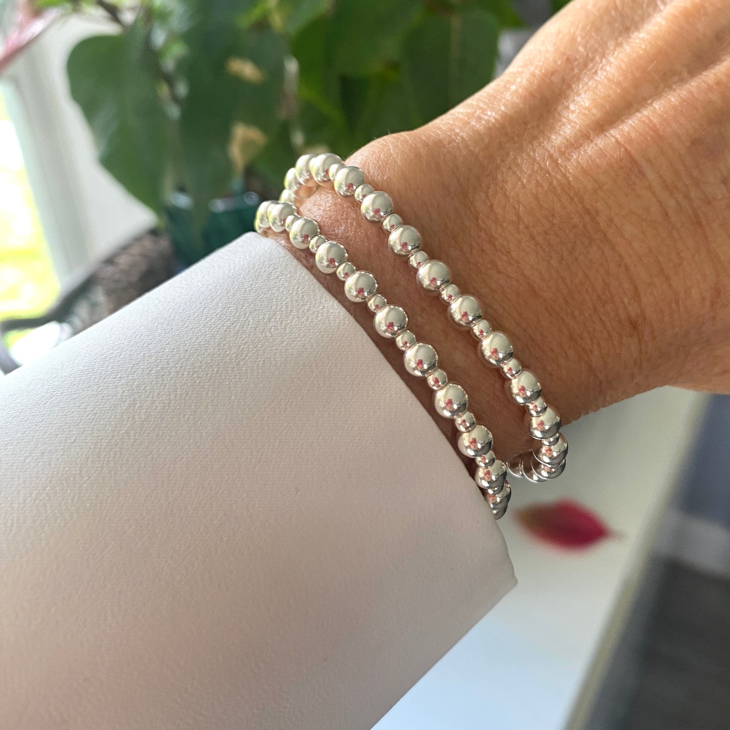 Sterling Silver Beaded Bracelet Women Wedding Jewelry Stretch Bracelet 3mm 5mm Gift for Mom