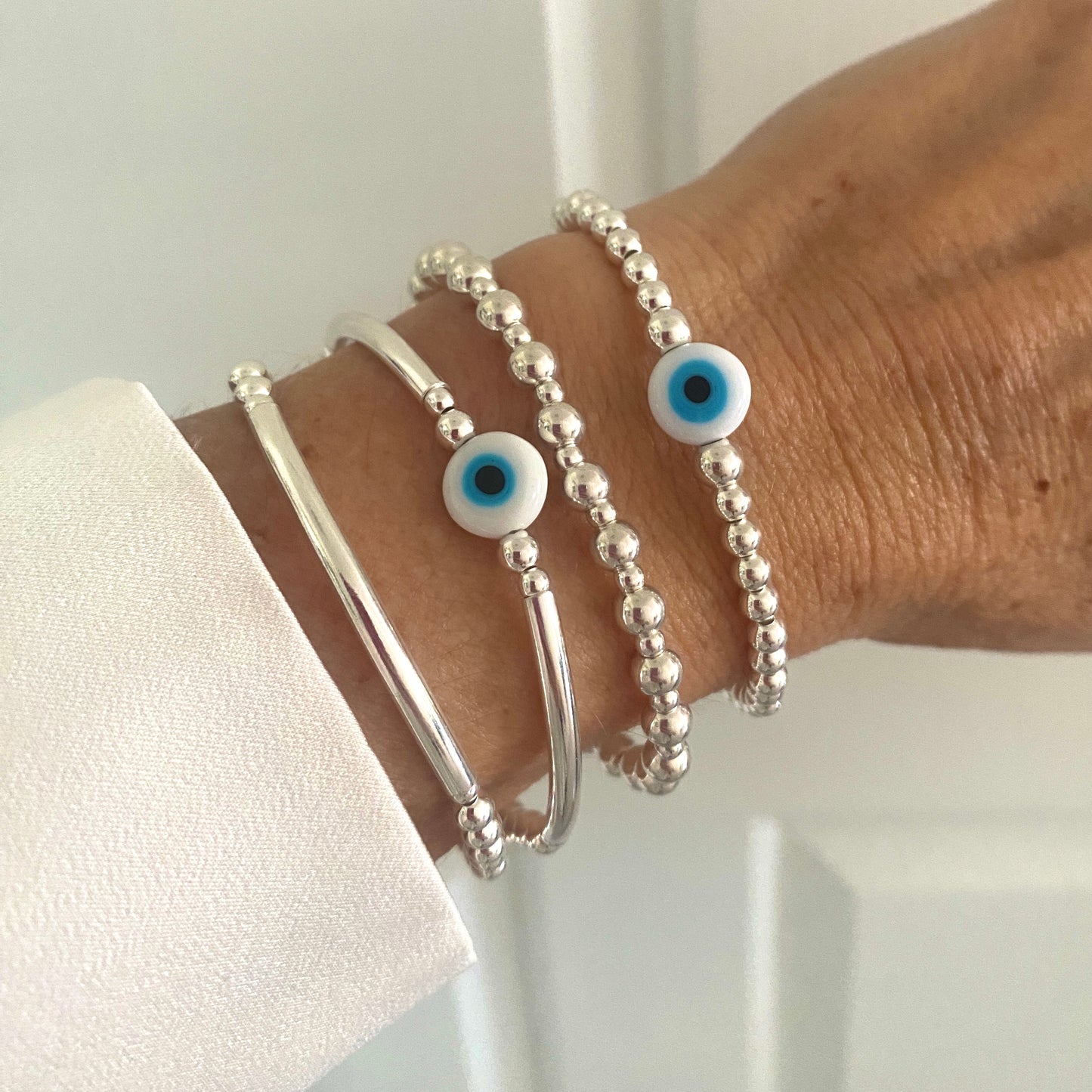 sterling silver evil eye charm stretchy bracelet women stacking beaded jewelry gift