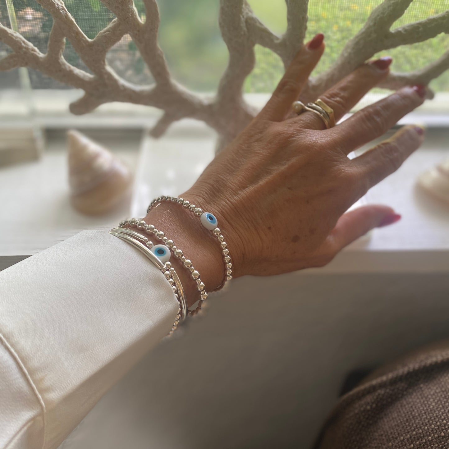 sterling silver evil eye charm stretchy bracelet women stacking beaded jewelry gift