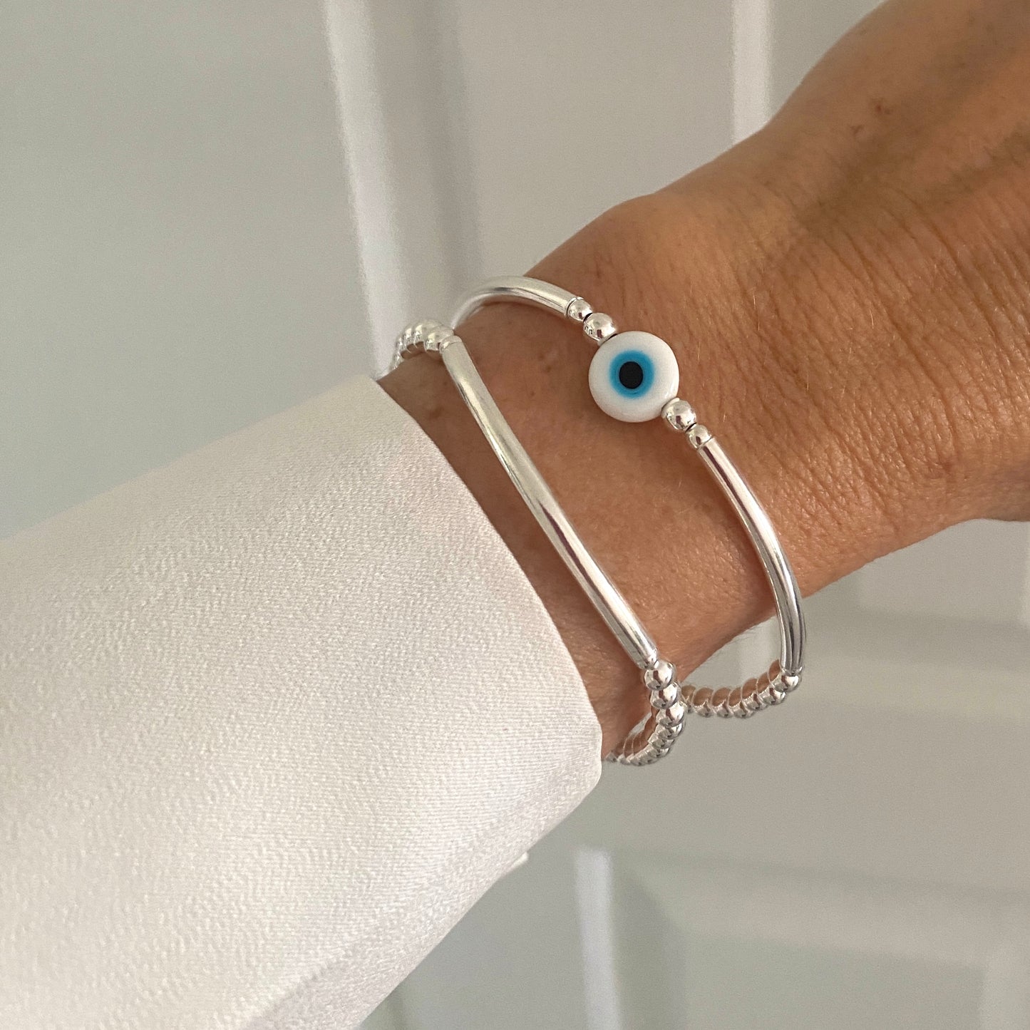 sterling silver evil eye charm stretchy bracelet women stacking beaded jewelry gift