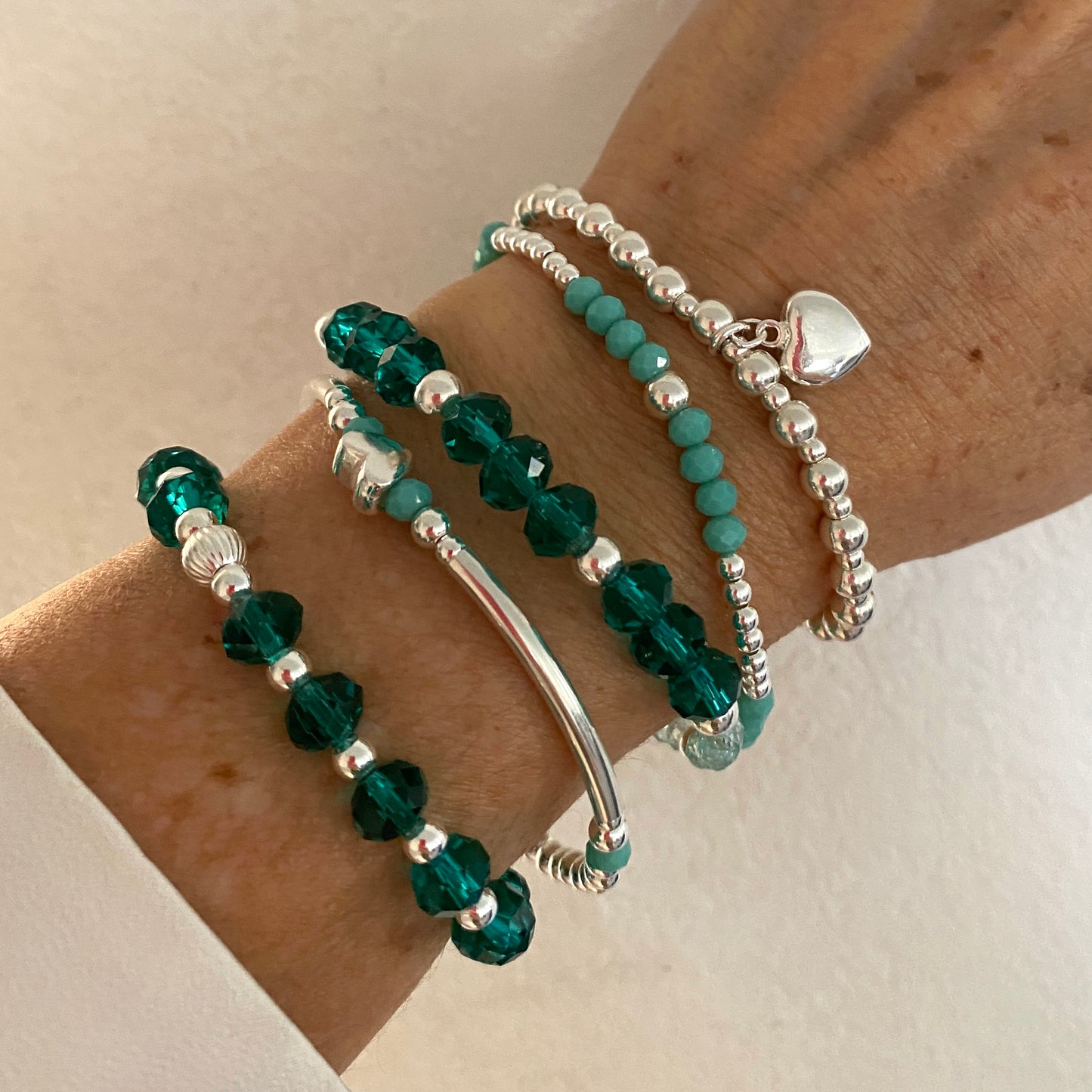 Sterling silver blue green crystal stacking bracelet personalized charm stretchy jewelry women gift