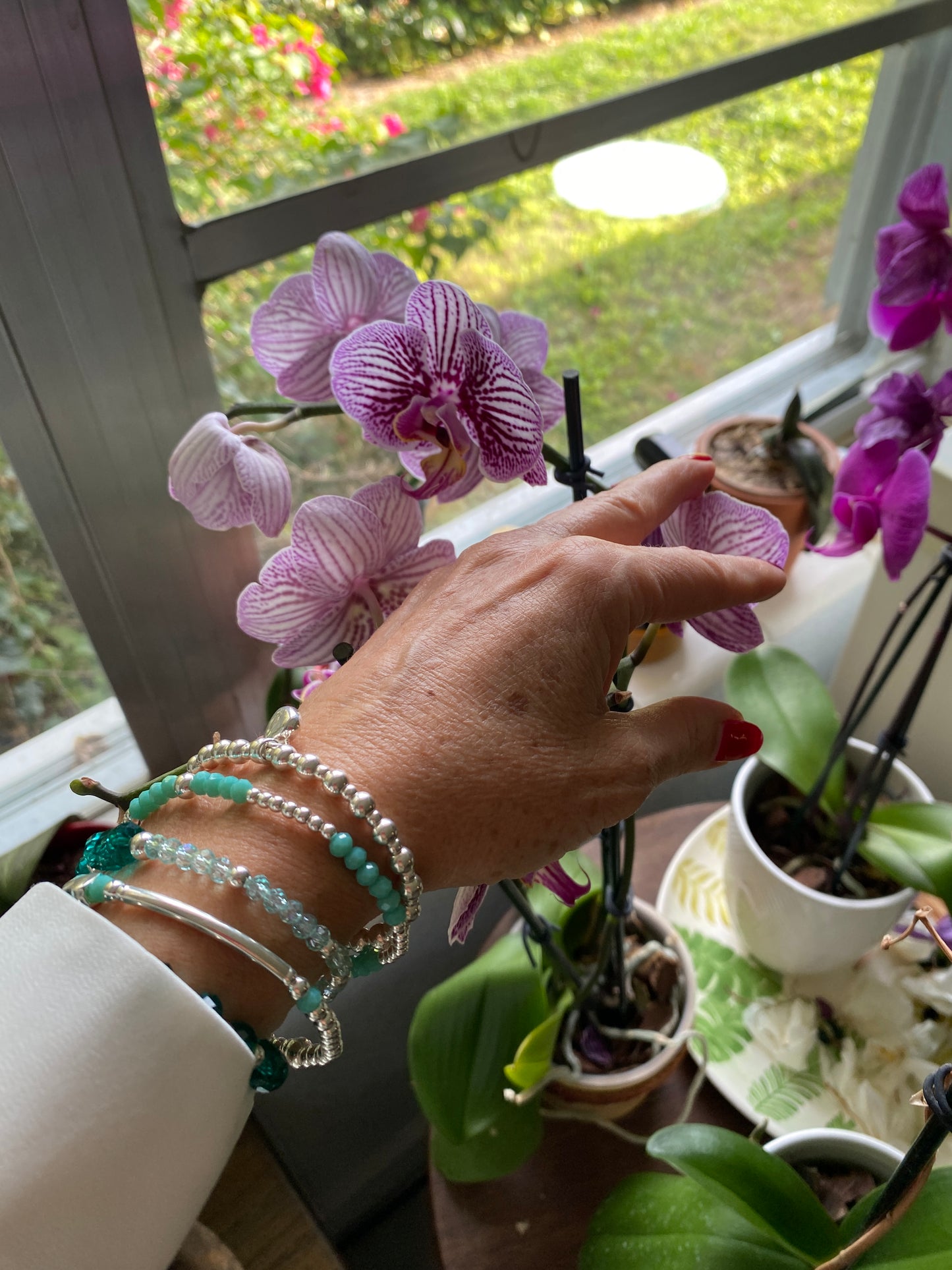 Sterling silver blue green crystal stacking bracelet personalized charm stretchy jewelry women gift