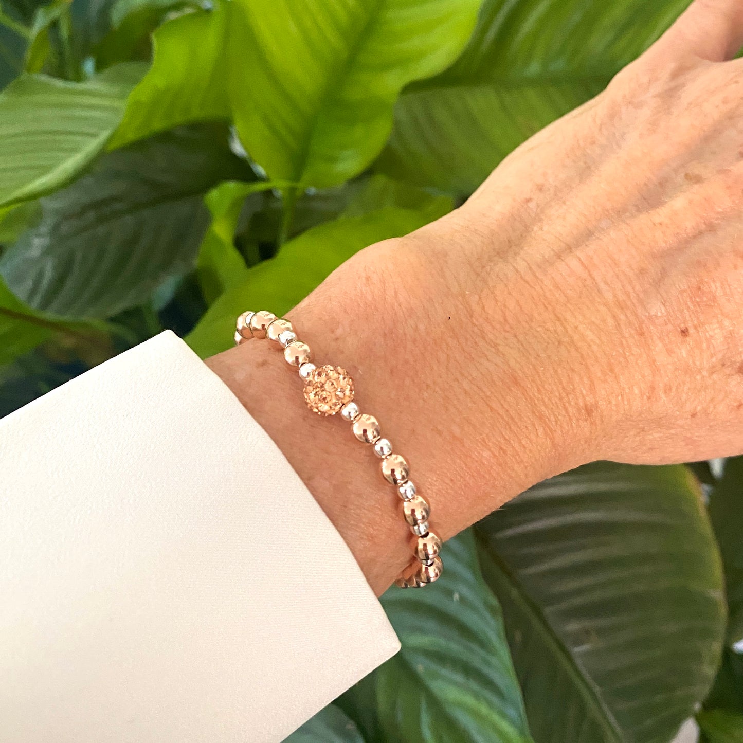 Silver rose mix gold filled Rhinestone Crystal Stretchy Stacked beaded Bracelet classic look jewelry gift